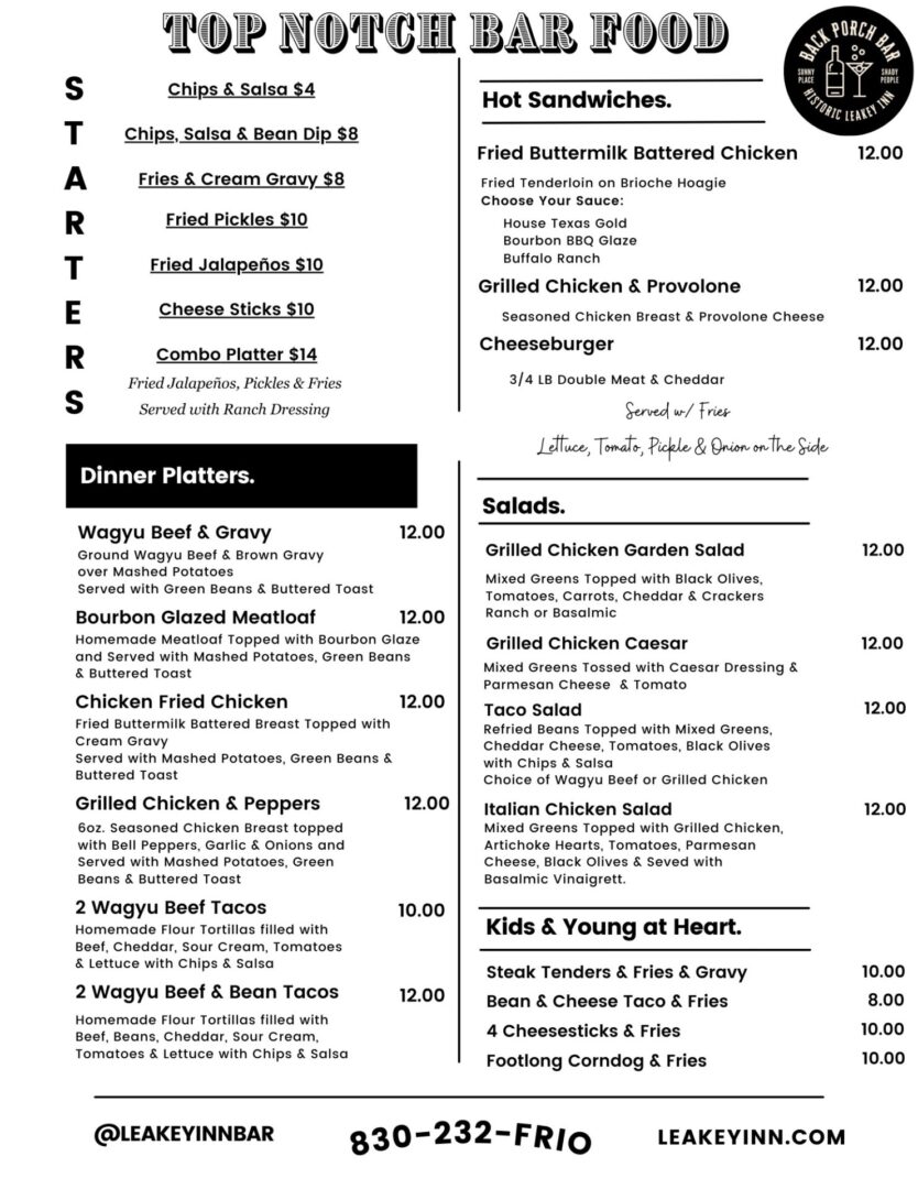 Leakey Inn bar food menu.